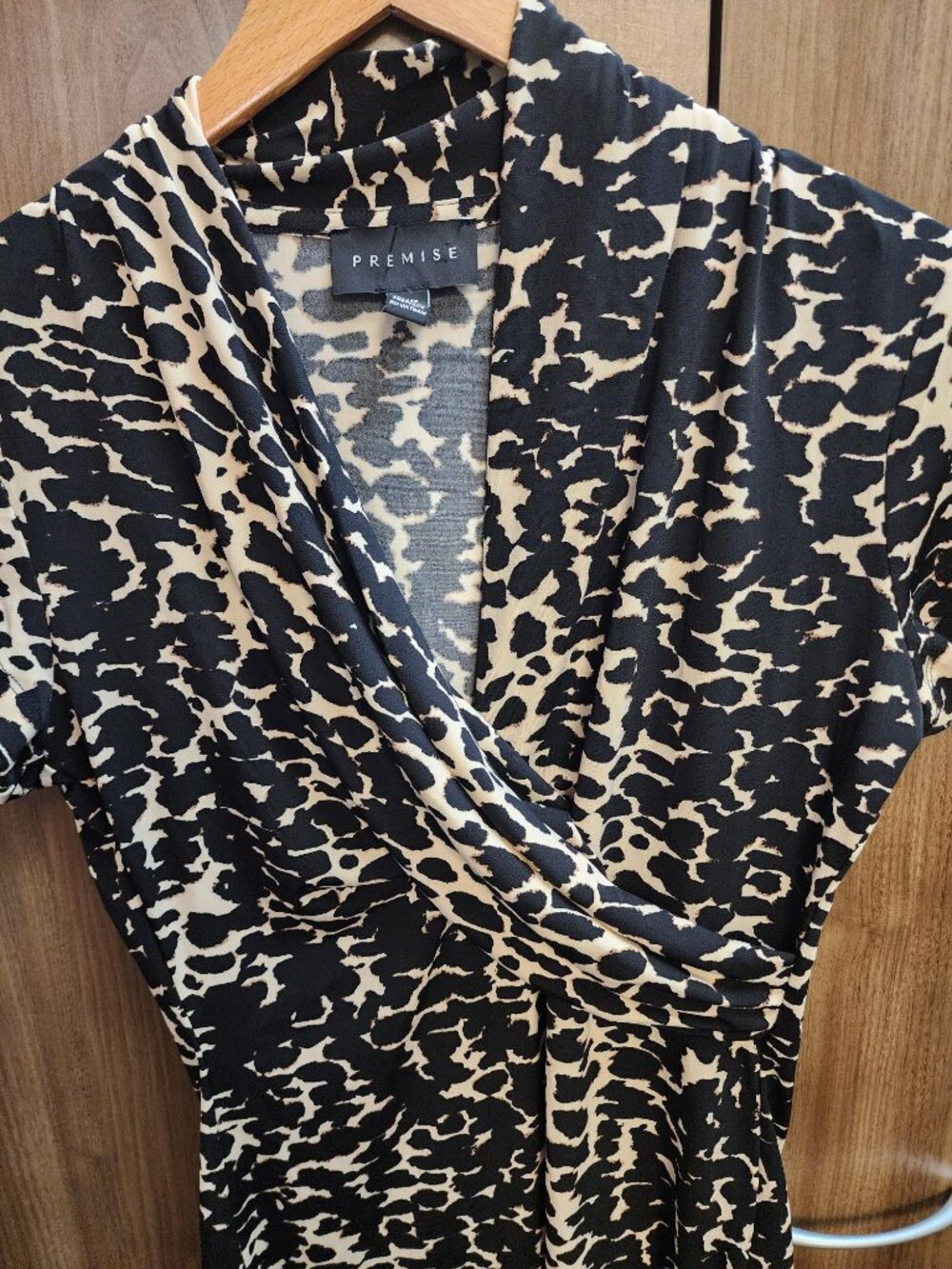 Premise Black and Cream Animal Print Draped V-Neck Blouse